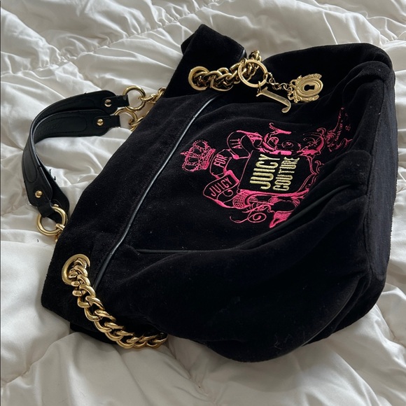 RARE Vintage Juicy Couture Velour Hobo Chain Charm Y2k Black, Gold, Hot Pink HTF - Picture 3 of 16
